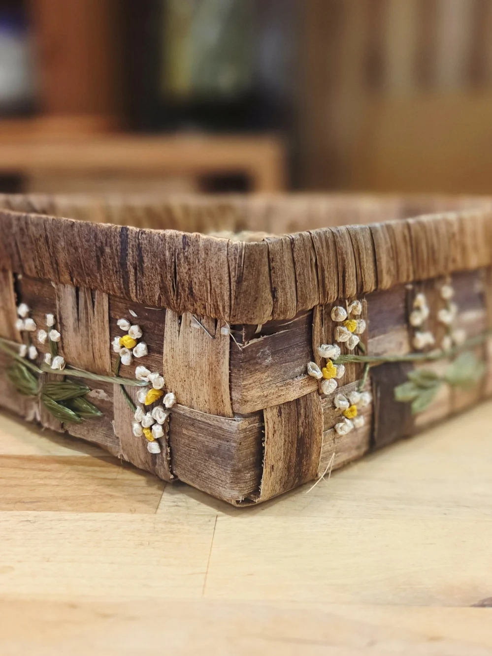 Rustic Woven Floral Accent Basket - Brown and Yellow